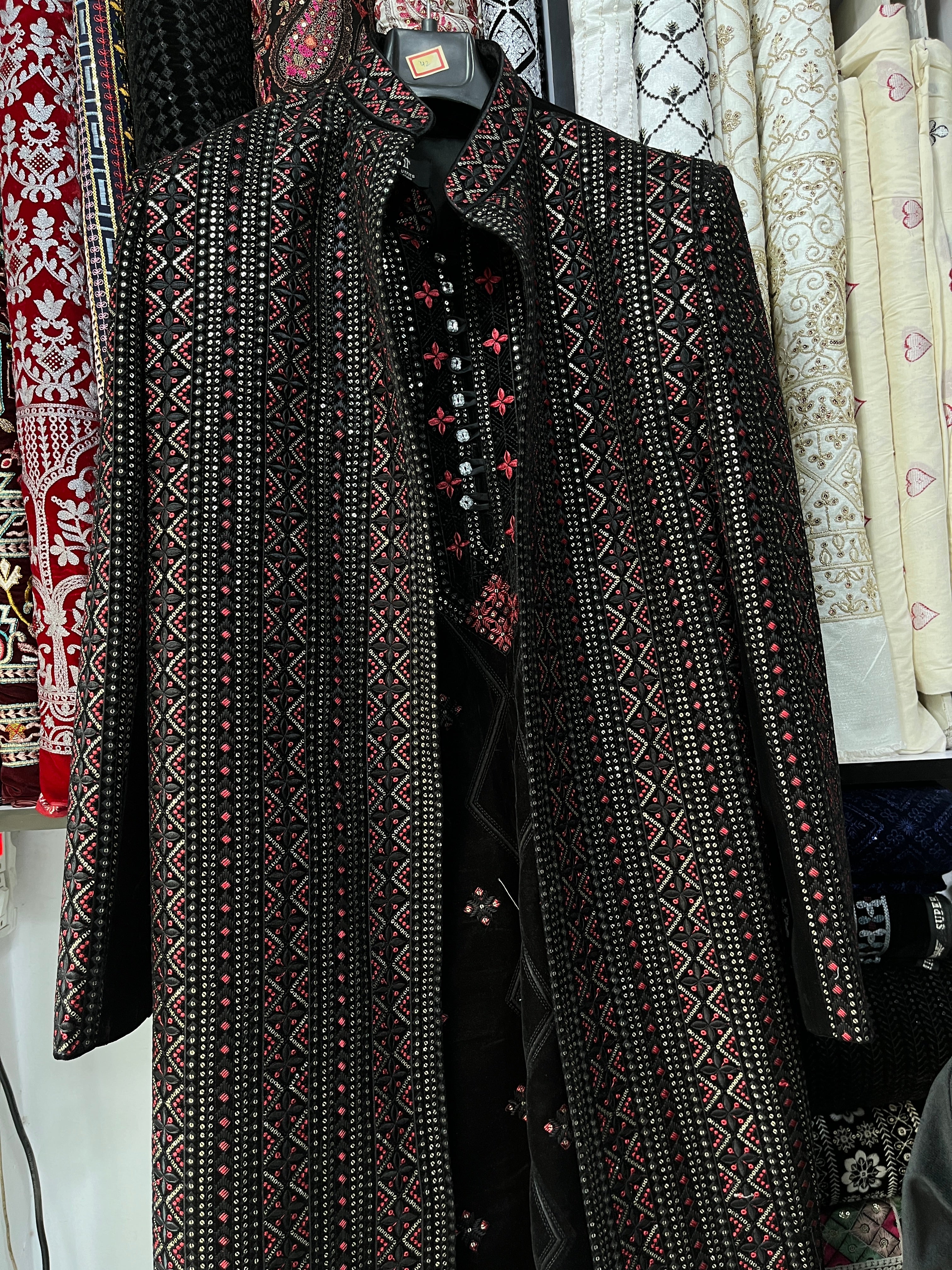 Men's Black With Multi Colour Thread Embroidery Open Indo-western Set