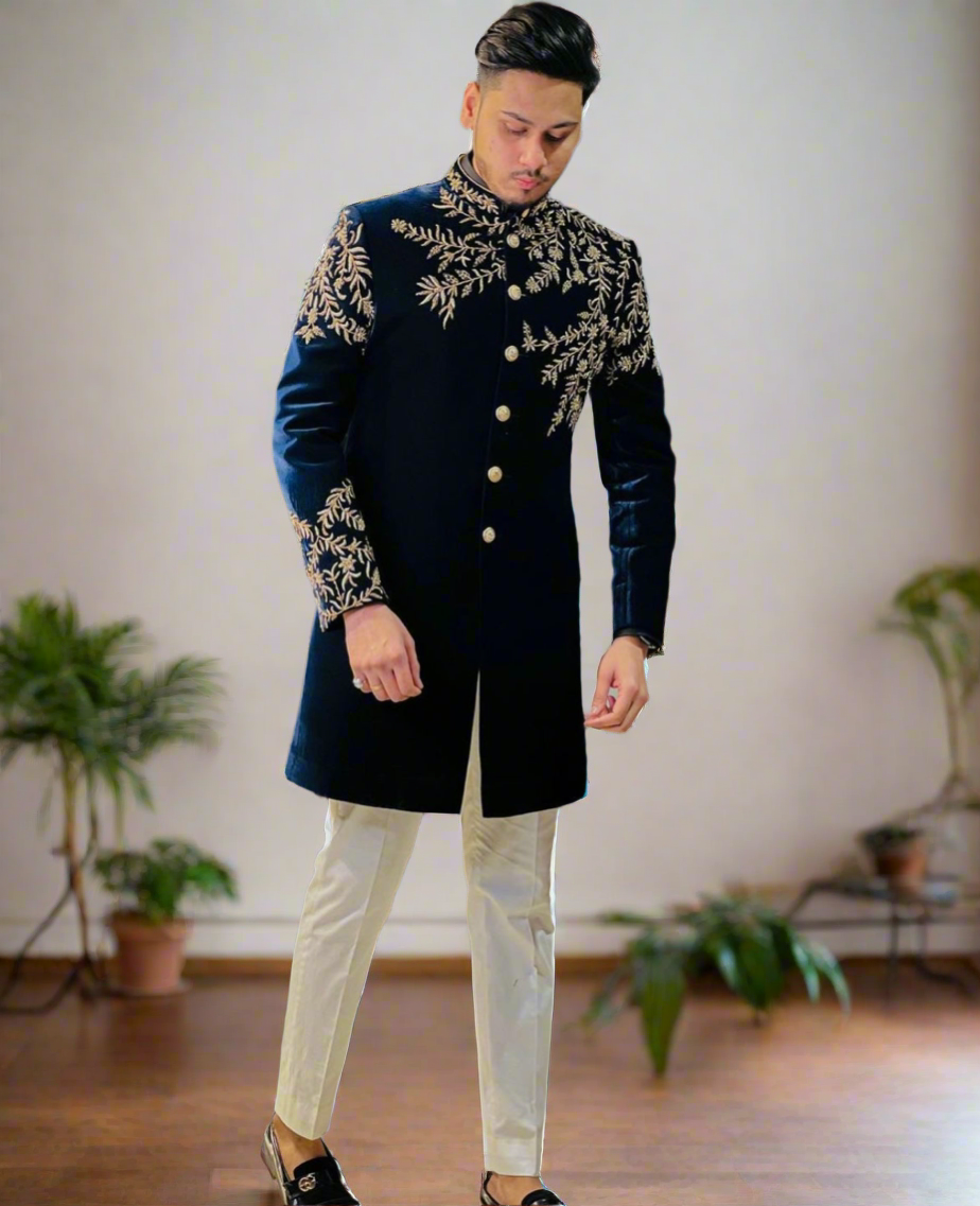 Men's Navy Blue Handcrafted Zardozi Work Indo-Western Set – KPH Outfits