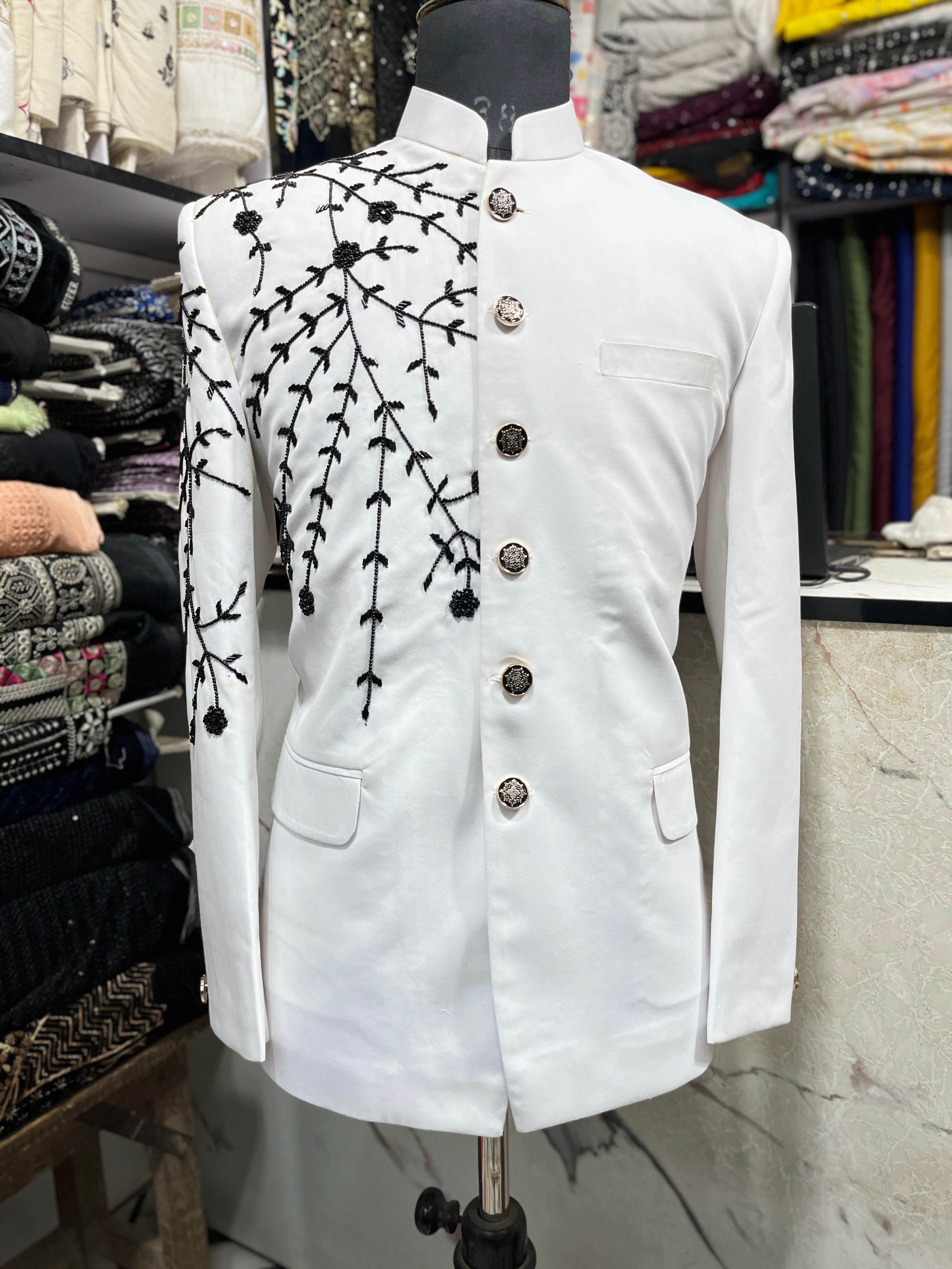 Men's White Handcrafted Cut Work Embroidery Jodhpuri Set