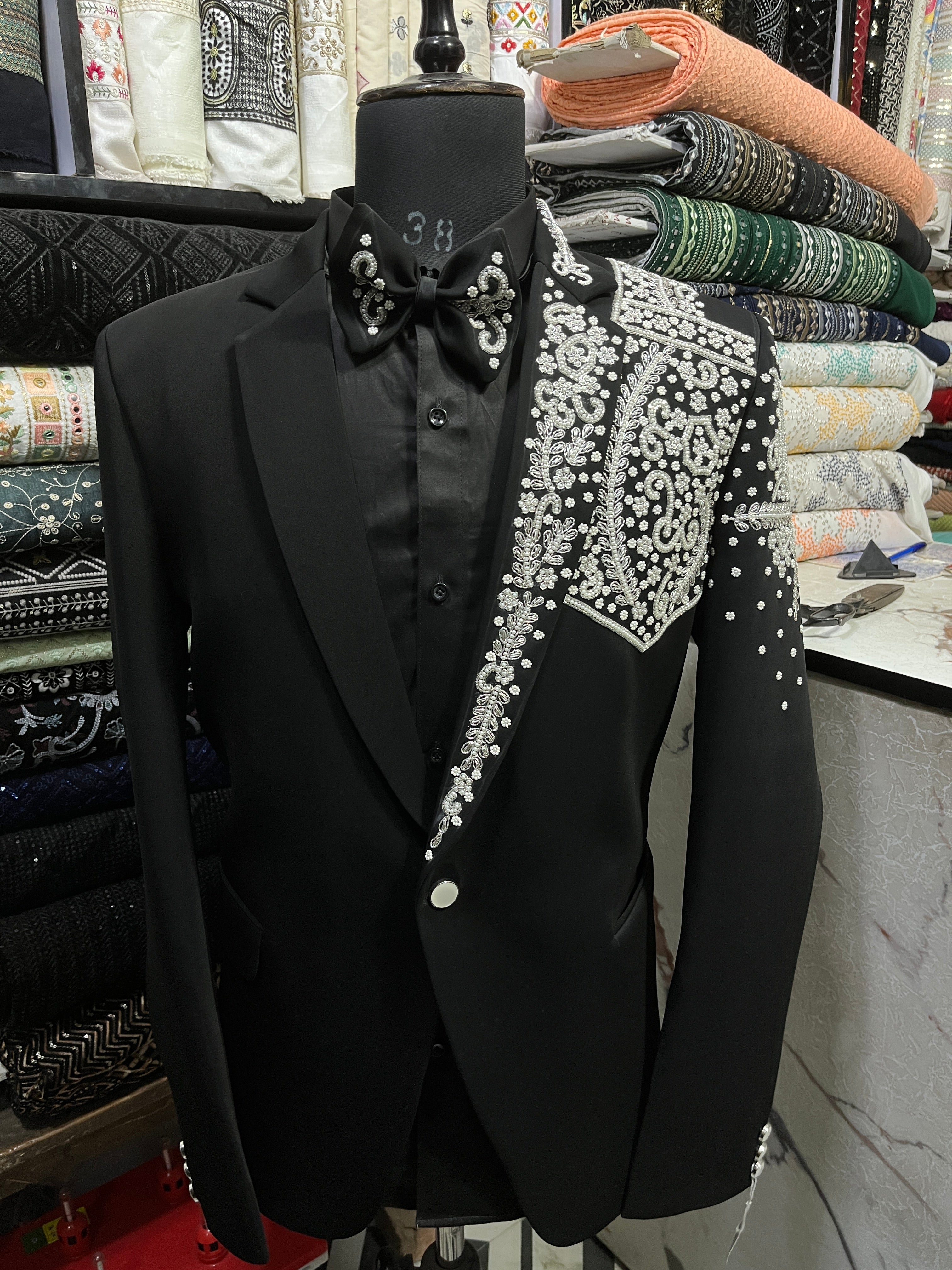 Men's Black Handcrafted beads work  Peak Lapel Tuxedo Suit