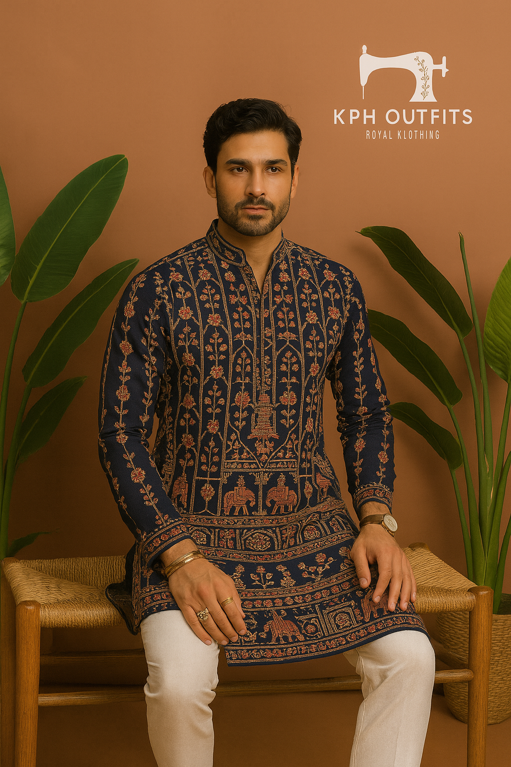 A photograph of a man in a stylish kurta, highlighting the quality of the fabric and the unique design.

