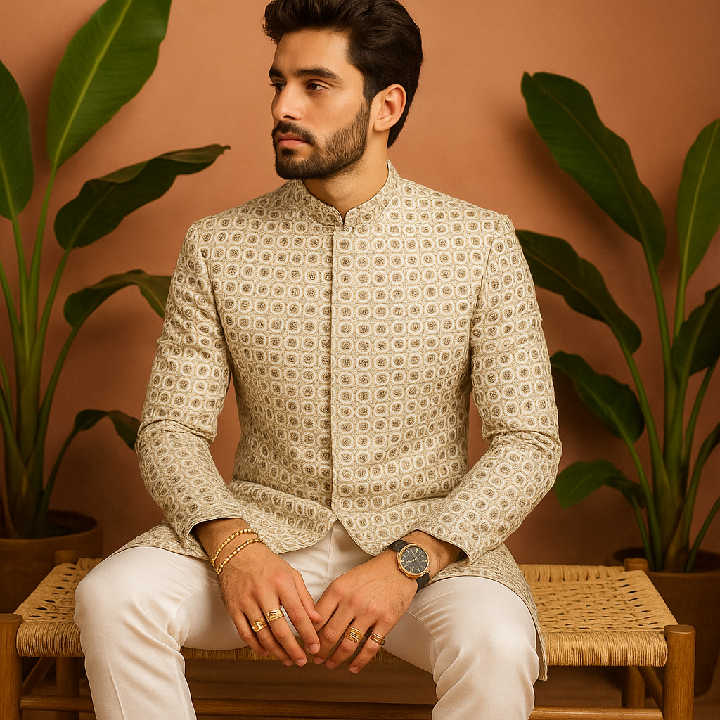 Men's Golden Exclusive Designer Mirror Sherwani Set – Premium Georgette Wedding Wear By KPH Outfits