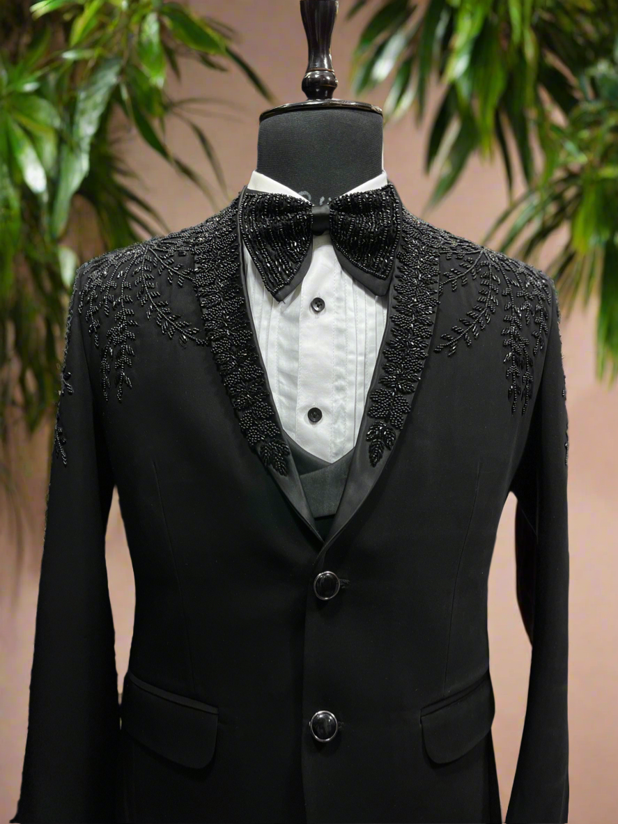 Handcrafted black shawl lapel tuxedo suit for men with cut dana work"