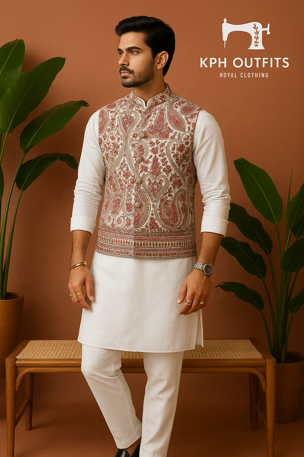 Men's White Kalamkari Embroidered Nehru Jacket – 100% Georgette – Elegant & Timeless Style – KPH Outfits