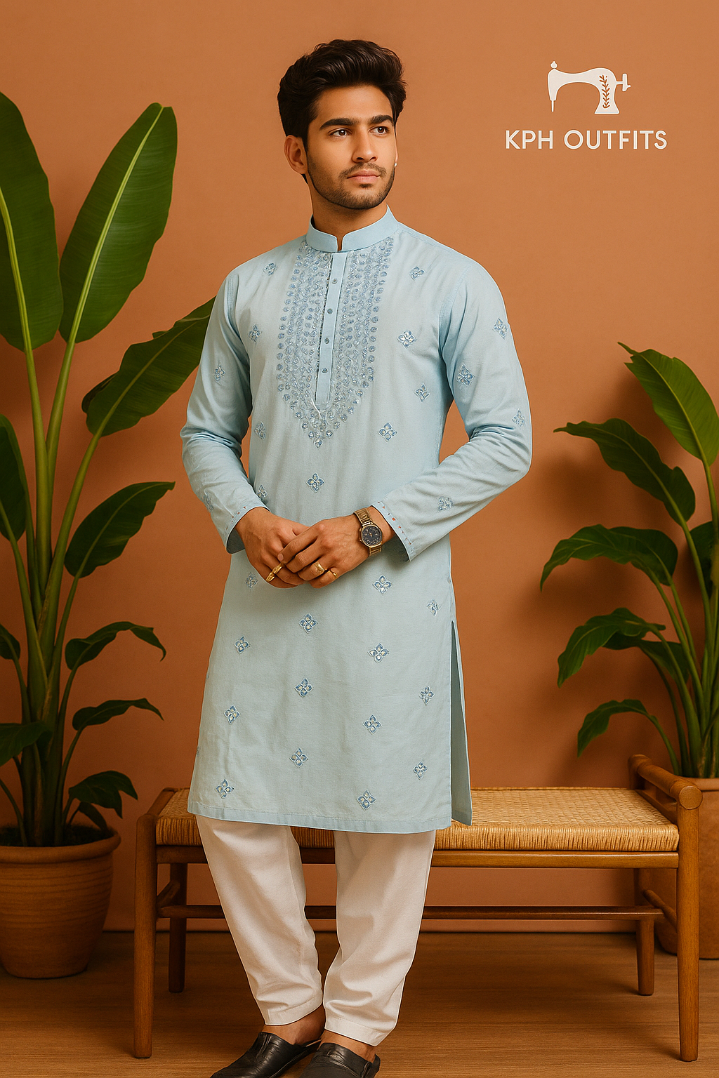 Men's Exclusive Sky Blue Real Mirror Designer Kurta Set – Elegance by KPH Outfits