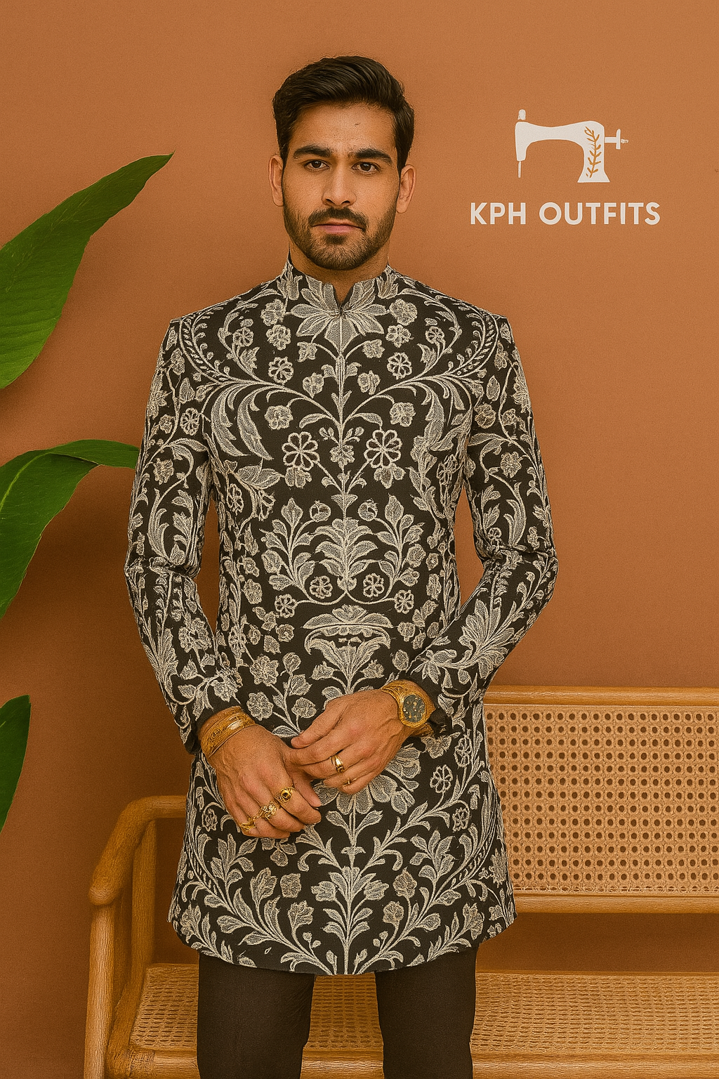 Celebrity Inspired Stylish Embellished Black Achkan Set - Luxury Fashion by KPH Outfits