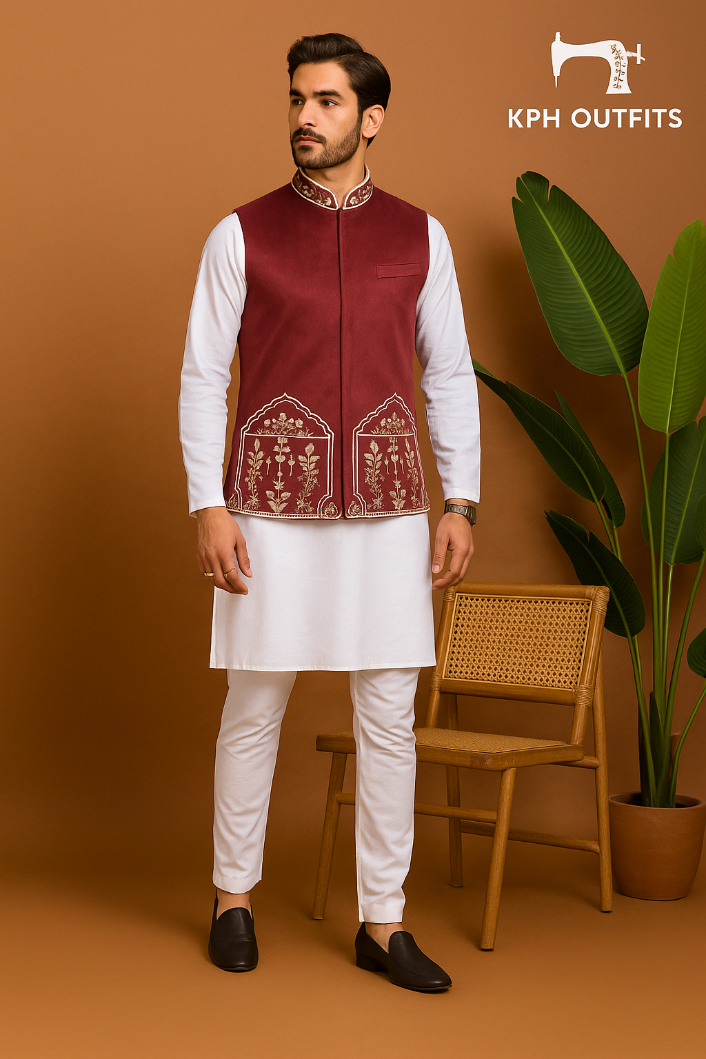 Men's Exclusive Red Maroon Velvet Embellished Nehru Jacket - KPH Outfits