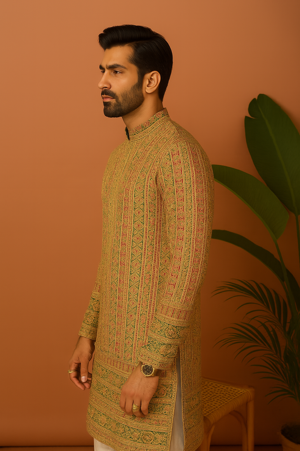 A front view of a man in a golden-brown kurta with intricate embellishments on the front, paired with matching pants.

