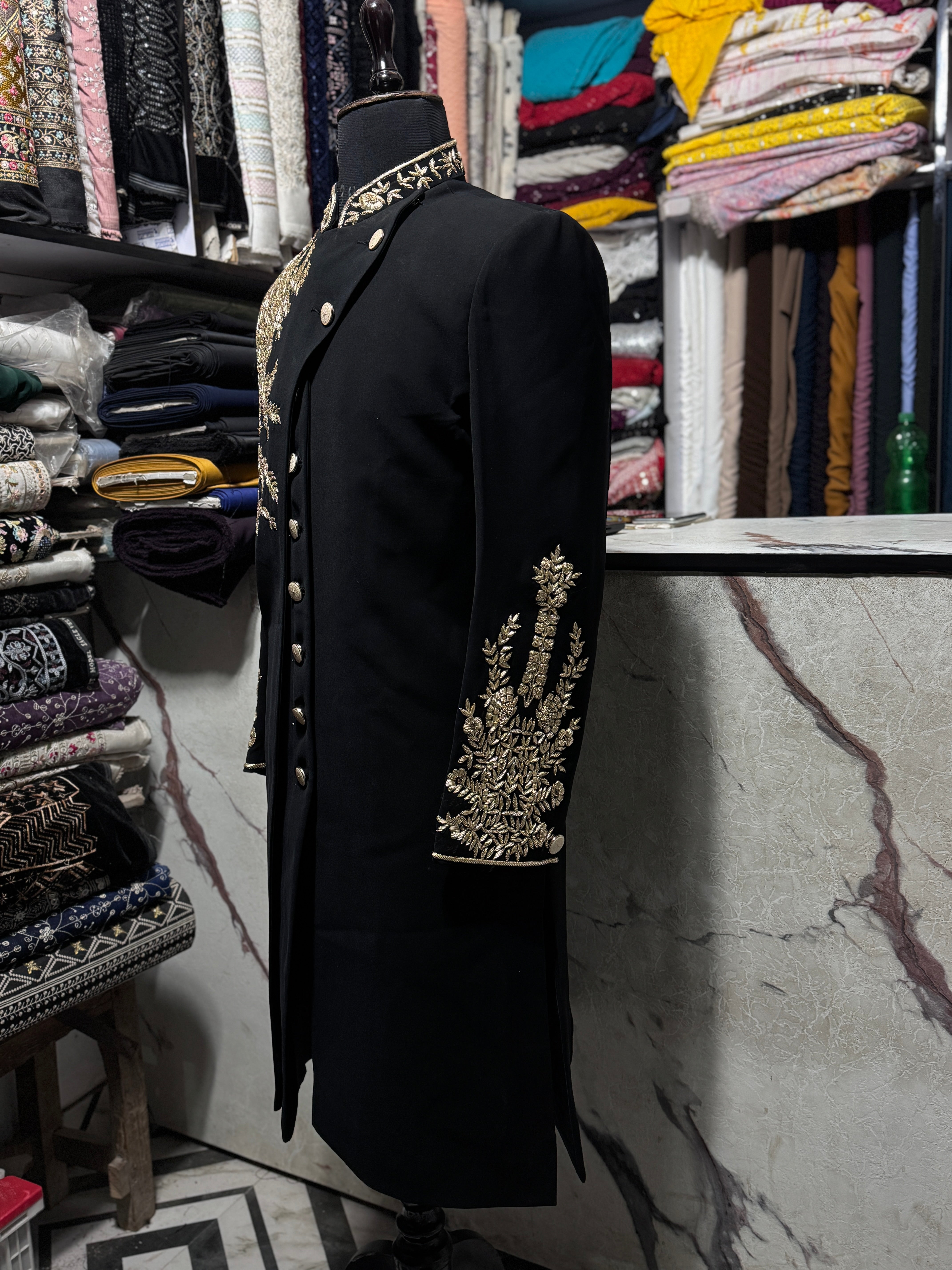 .	Royal black sherwani with golden embroidery details – KPH Outfits