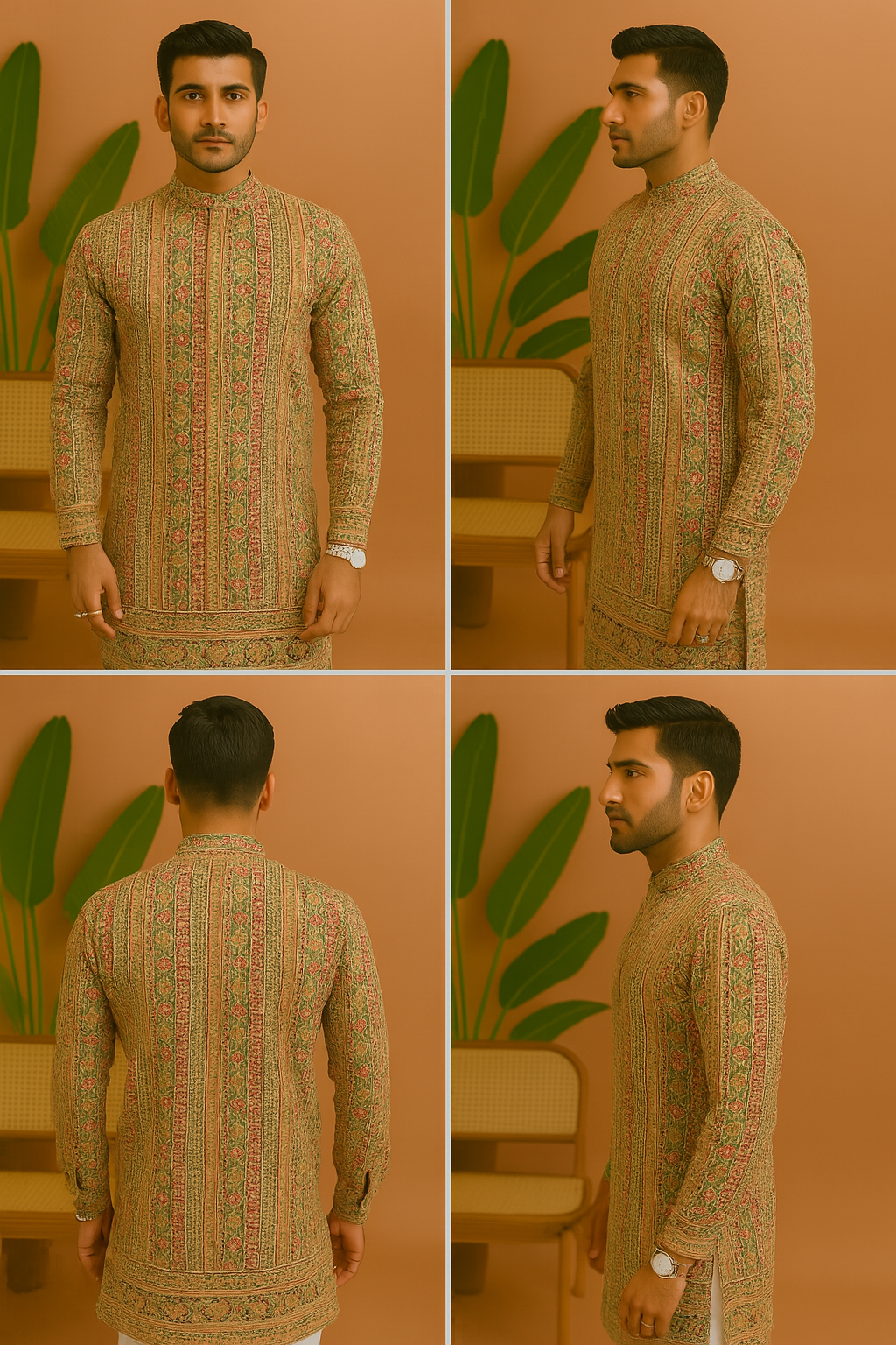 A front view of a man in a golden-brown kurta with intricate embellishments on the front, paired with matching pants.

