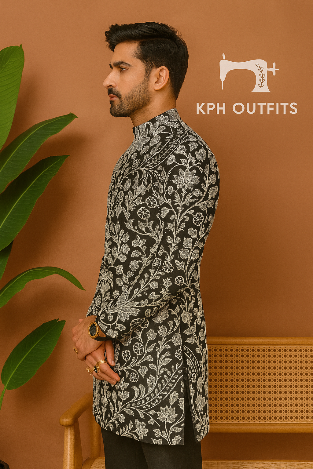 Celebrity Inspired Stylish Embellished Black Achkan Set - Luxury Fashion by KPH Outfits