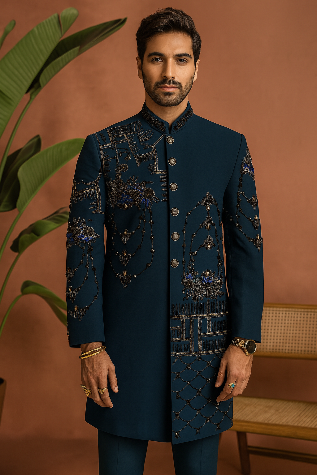 Peacock green cut-work Indo-Western set for groom – KPH Outfits