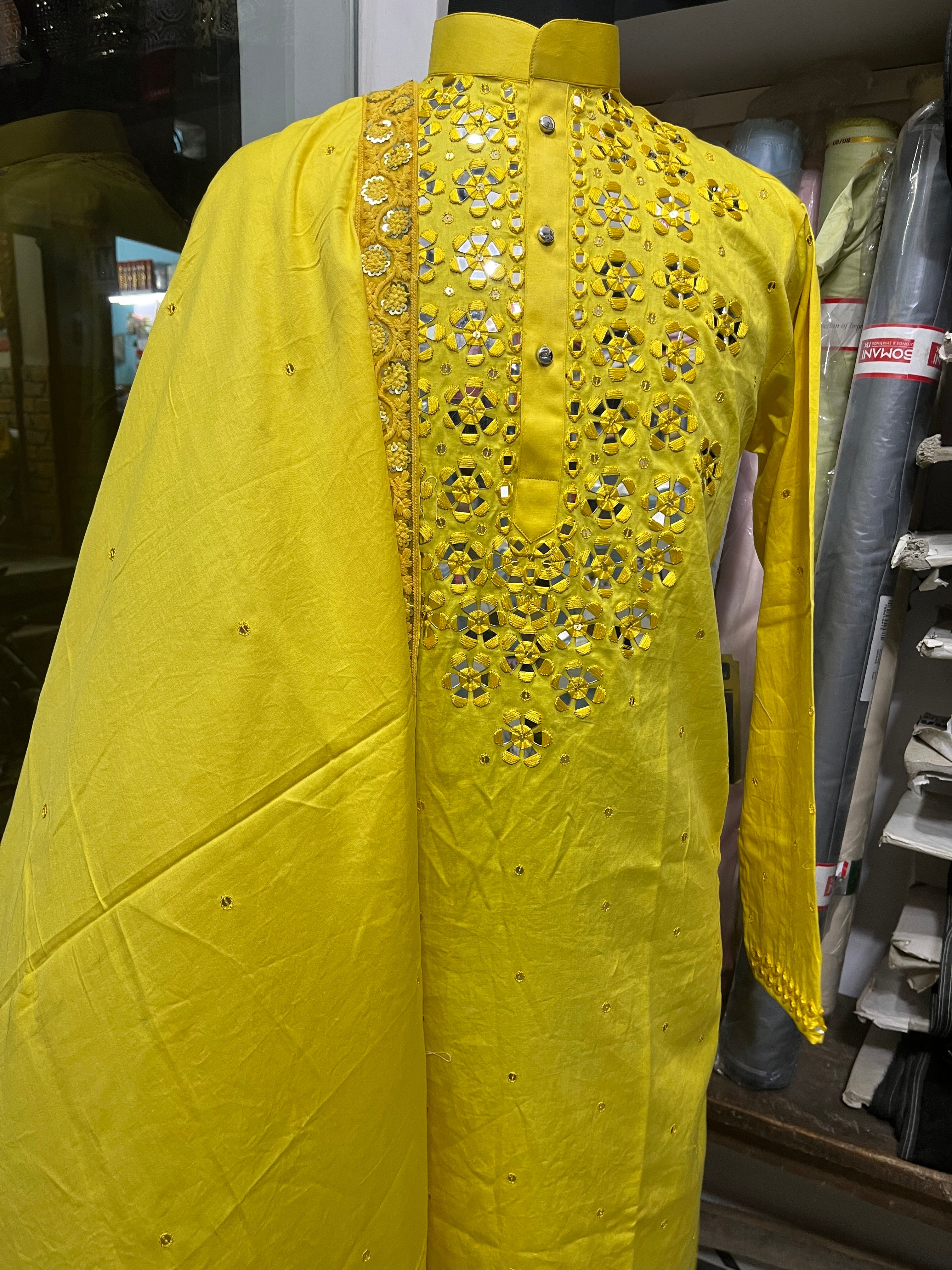 Men's Yellow Handcrafted Haldi Ceremony Mirror Kurta Set