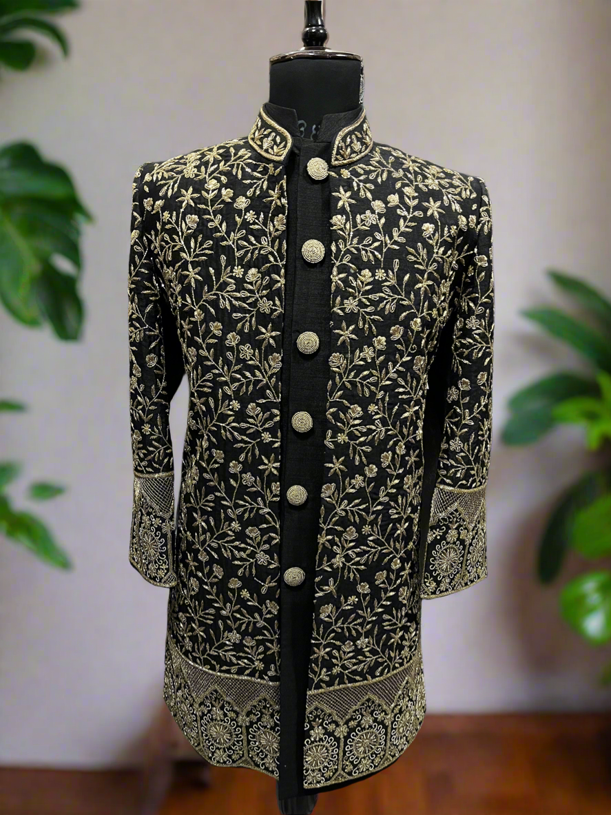 Men's Black Handcrafted Zardozi Work Silk Indo Western Set – KPH Outfits