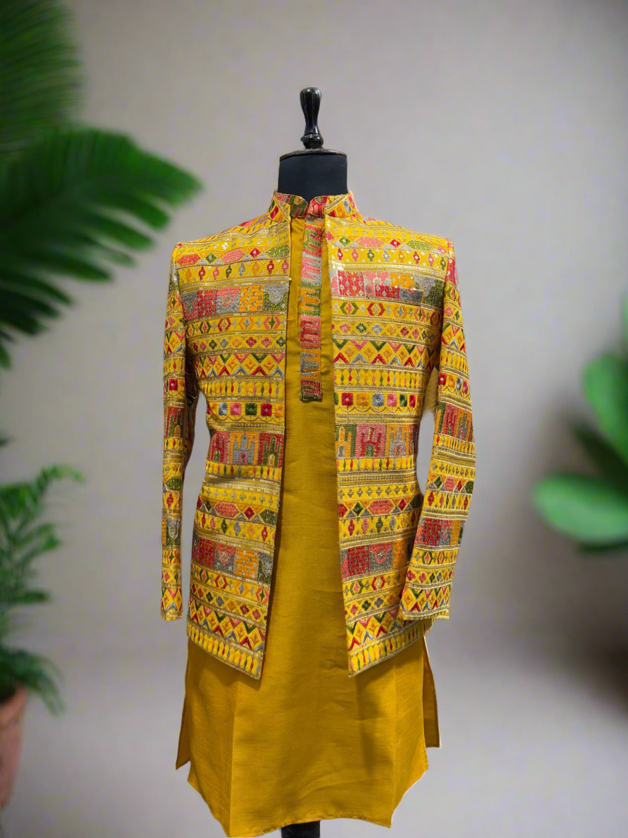 Men's Haldi Special Designer Comfortable Jodhpuri Set - Elegant Yellow Kurta Pajama & Jodhpuri Set by KPH Outfits