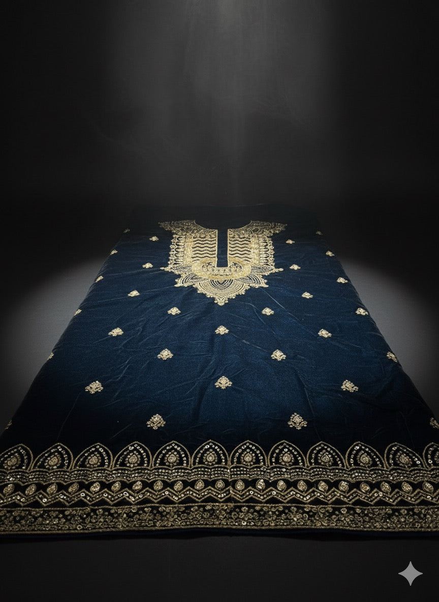 Turkish Blue Velvet Kurta with Gold Thread Embroidery - Kph Outfits
