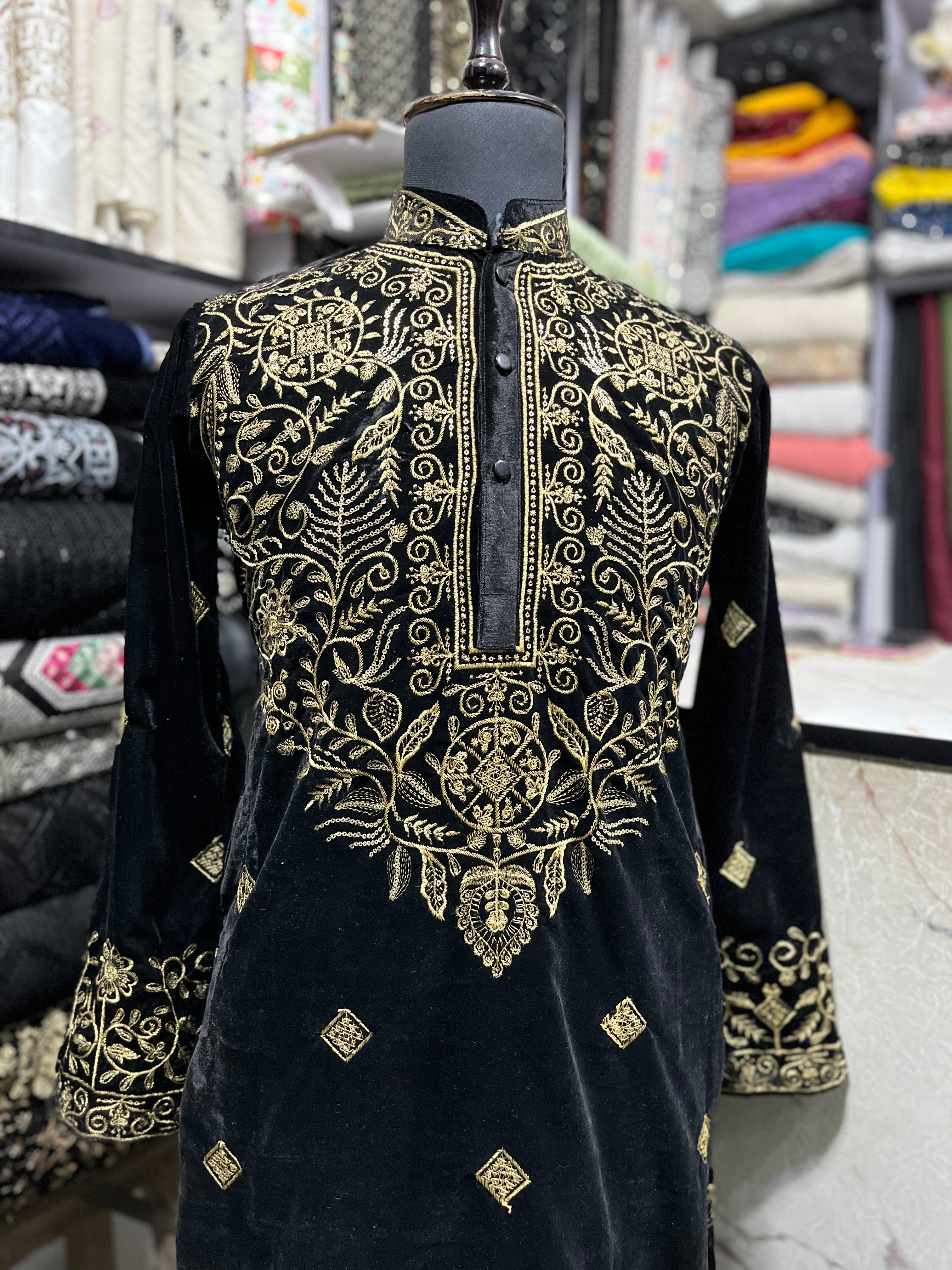 Men's Black Golden Embroidery kurta Set