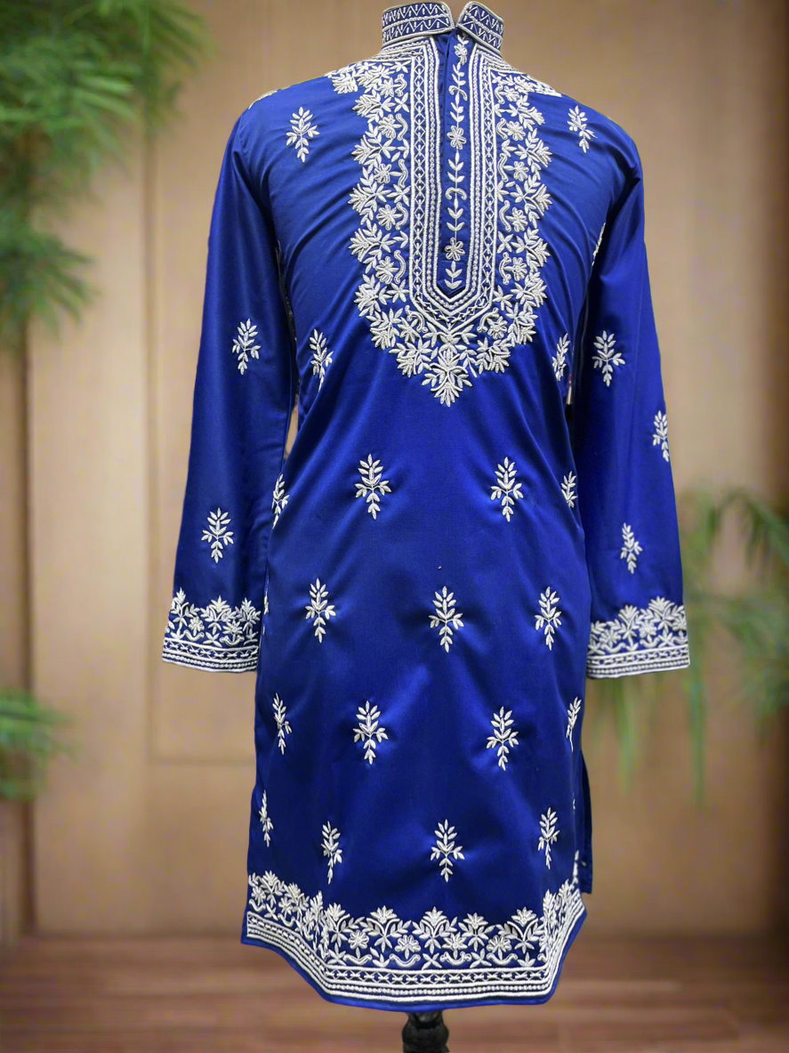 Tweed fabric royal blue kurta with zipper-style pants
