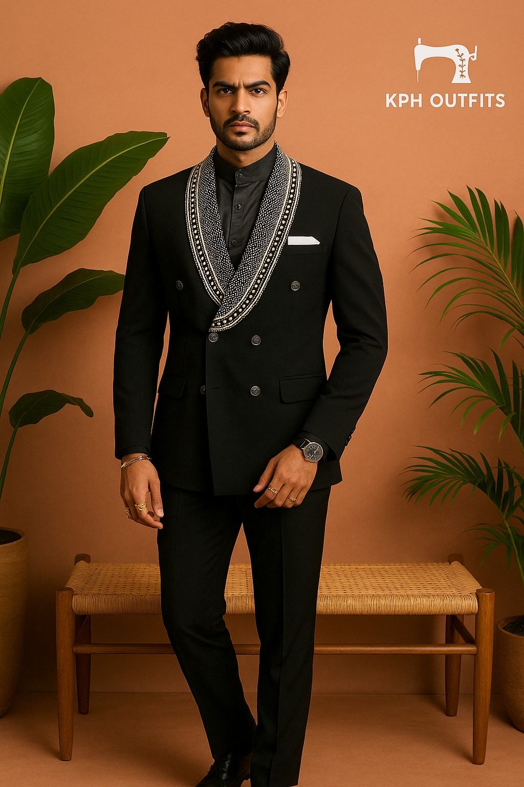 Men's Black Handcrafted Shawl Lapel Tuxedo Suit in Premium Japanese Fabric- KPH Outfits