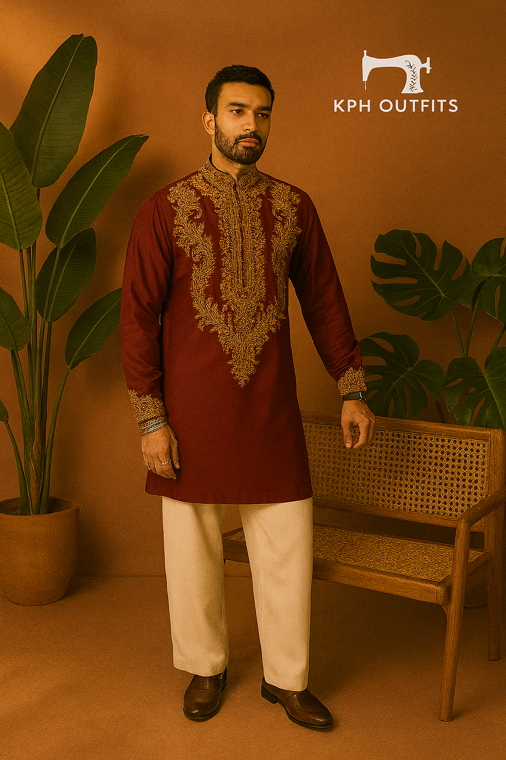 A model in a red formal kurta set, designed to make a statement at any special occasion.

