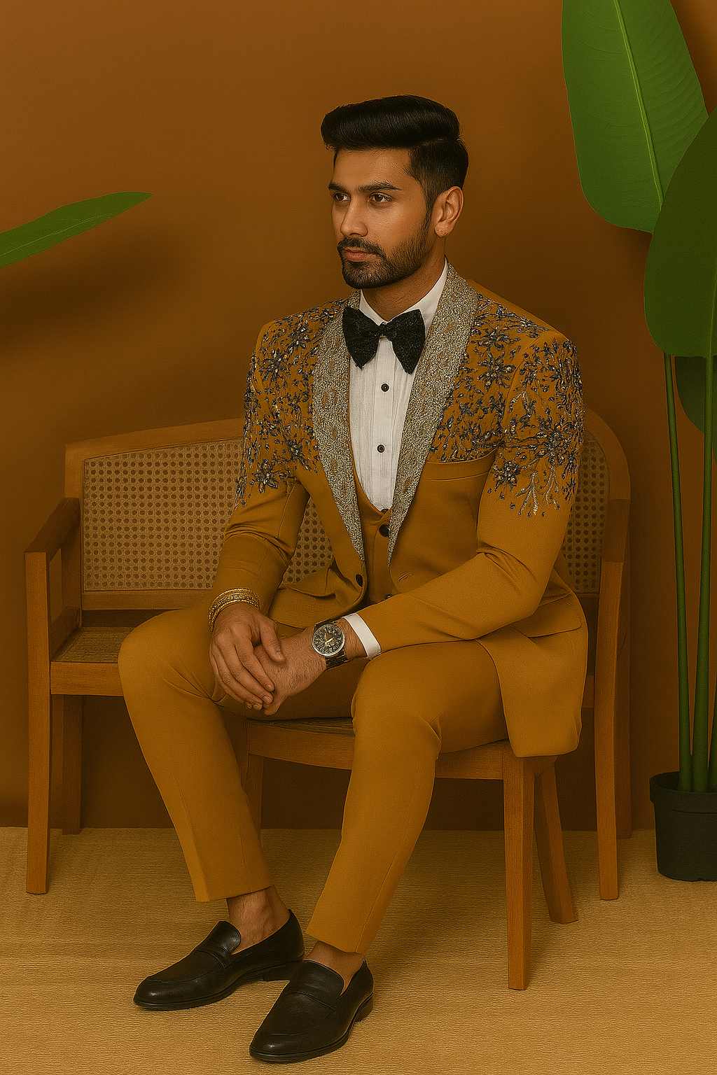 A front view of a man in a mustard-colored tuxedo suit with sparkling crystal embellishments on the blazer.

