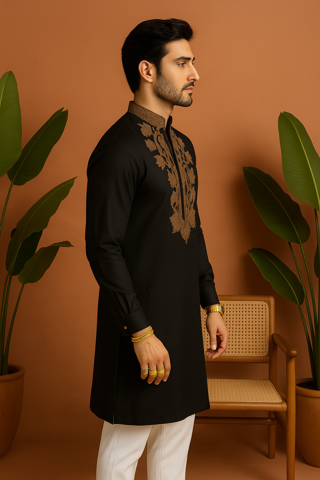 A front view of a man in a black kurta with intricate white embellishments, posing confidently.

