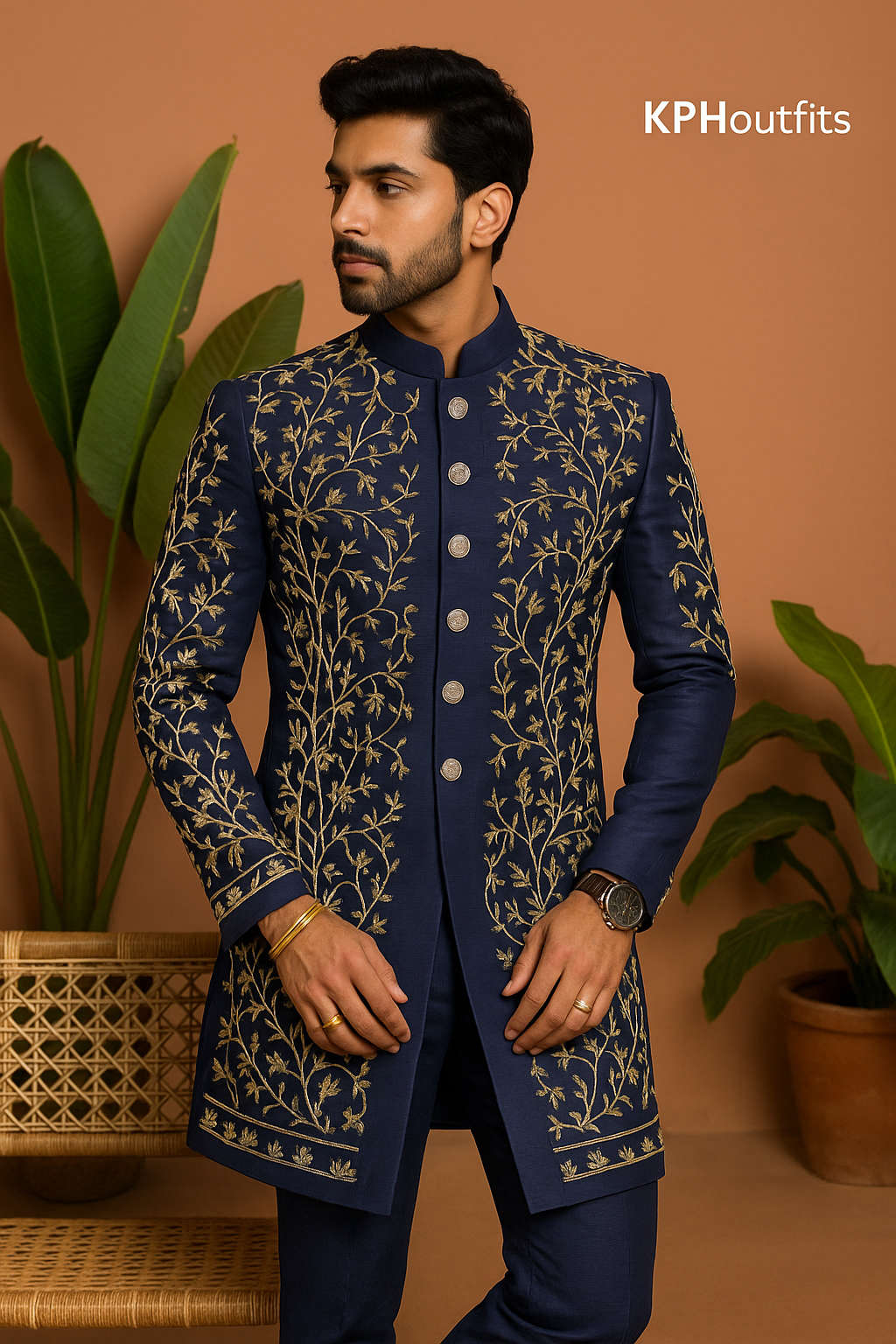 Men's Navy Blue Handcrafted Sangeet Special Indo-Western Set - KPH Outfits