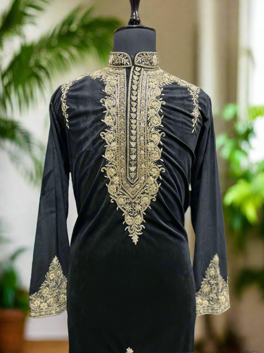 Full view of black Sherwani-style kurta with zipper pants.