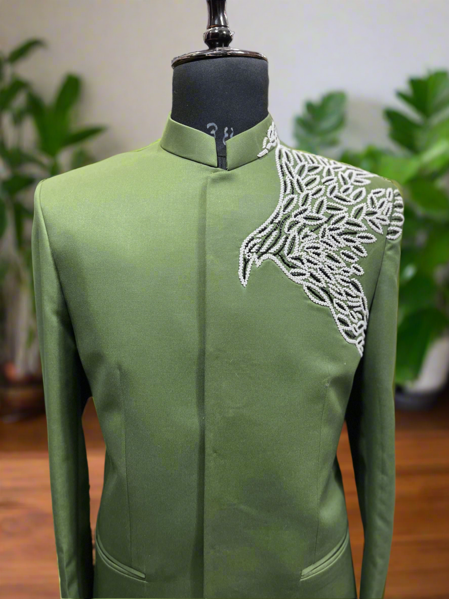 Men's Green Handcrafted Birds Embroidery Jodhpuri Set