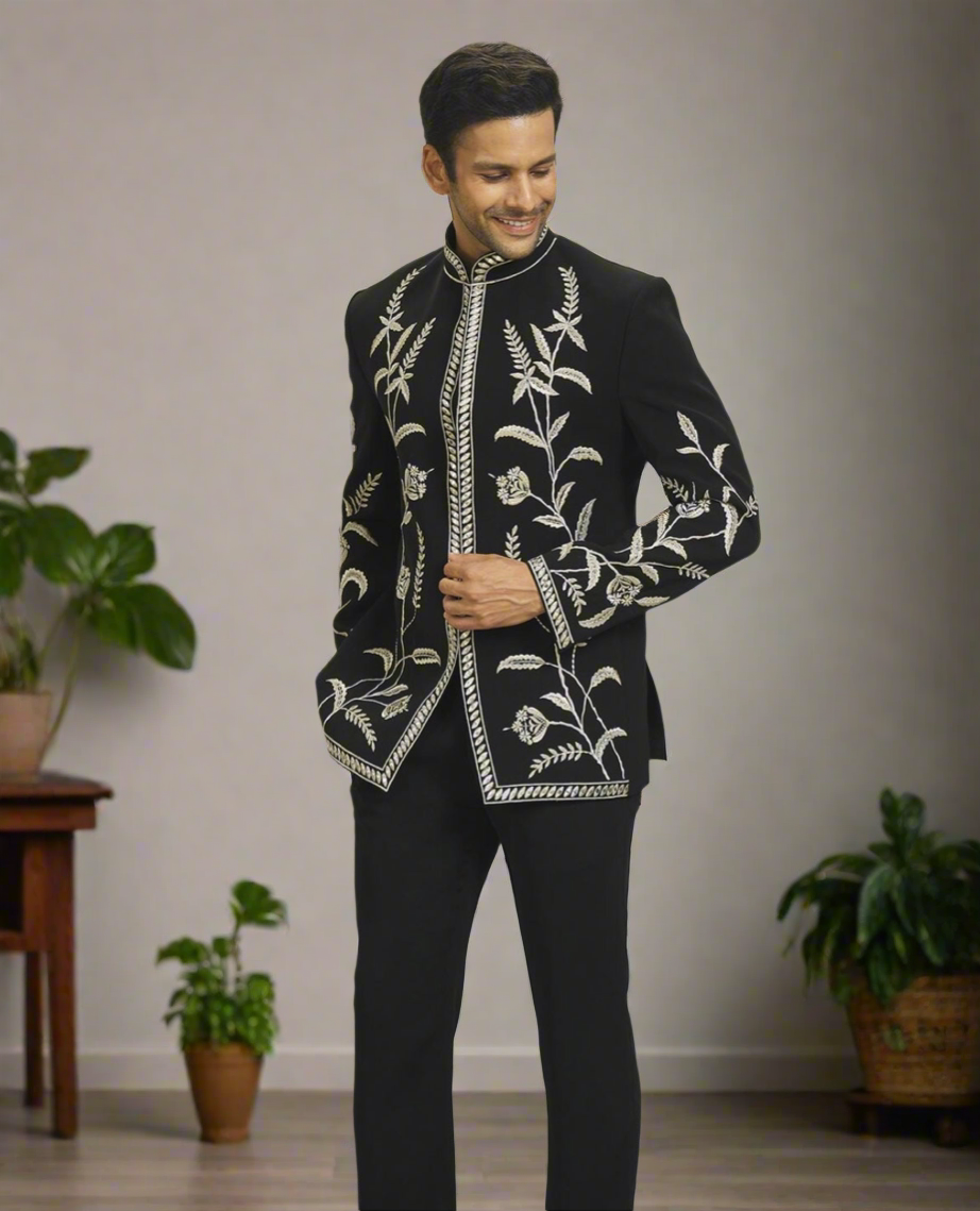 Black Bandhgala suit with thread embroidery details
