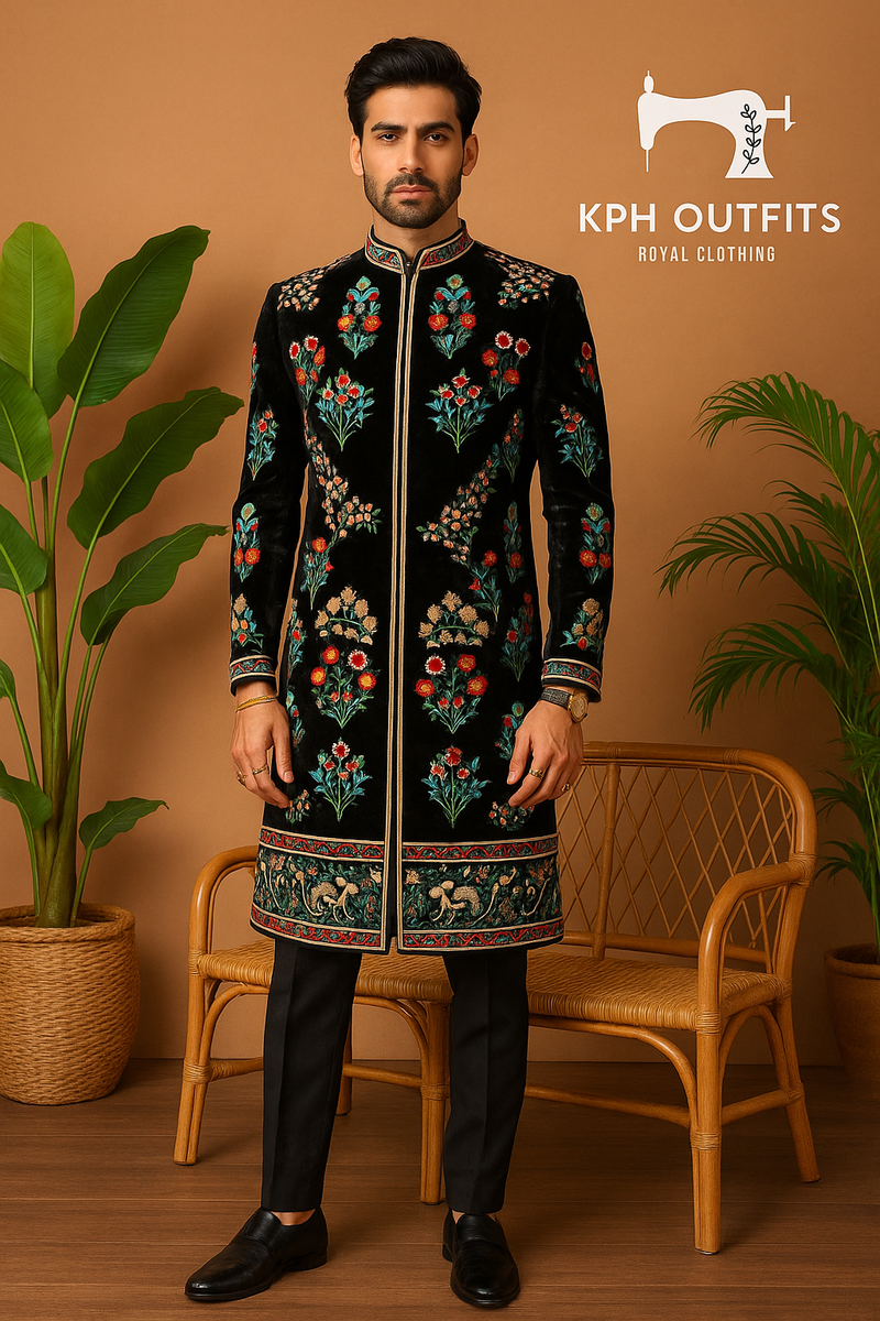 Custom Designer Velvet Sherwani Set with Multicolor Embroidery for Gro ...