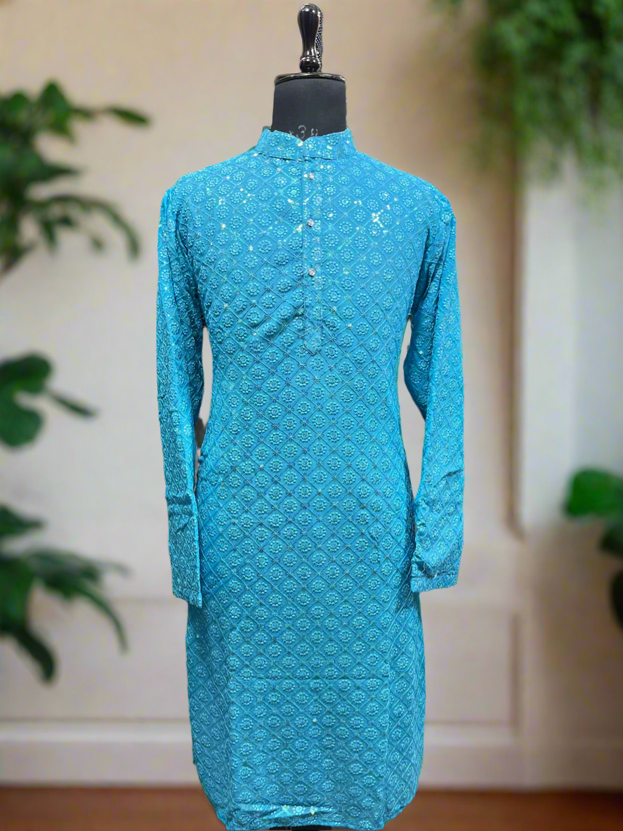 Stylish men’s kurta with three-button design and sequence embellishments.