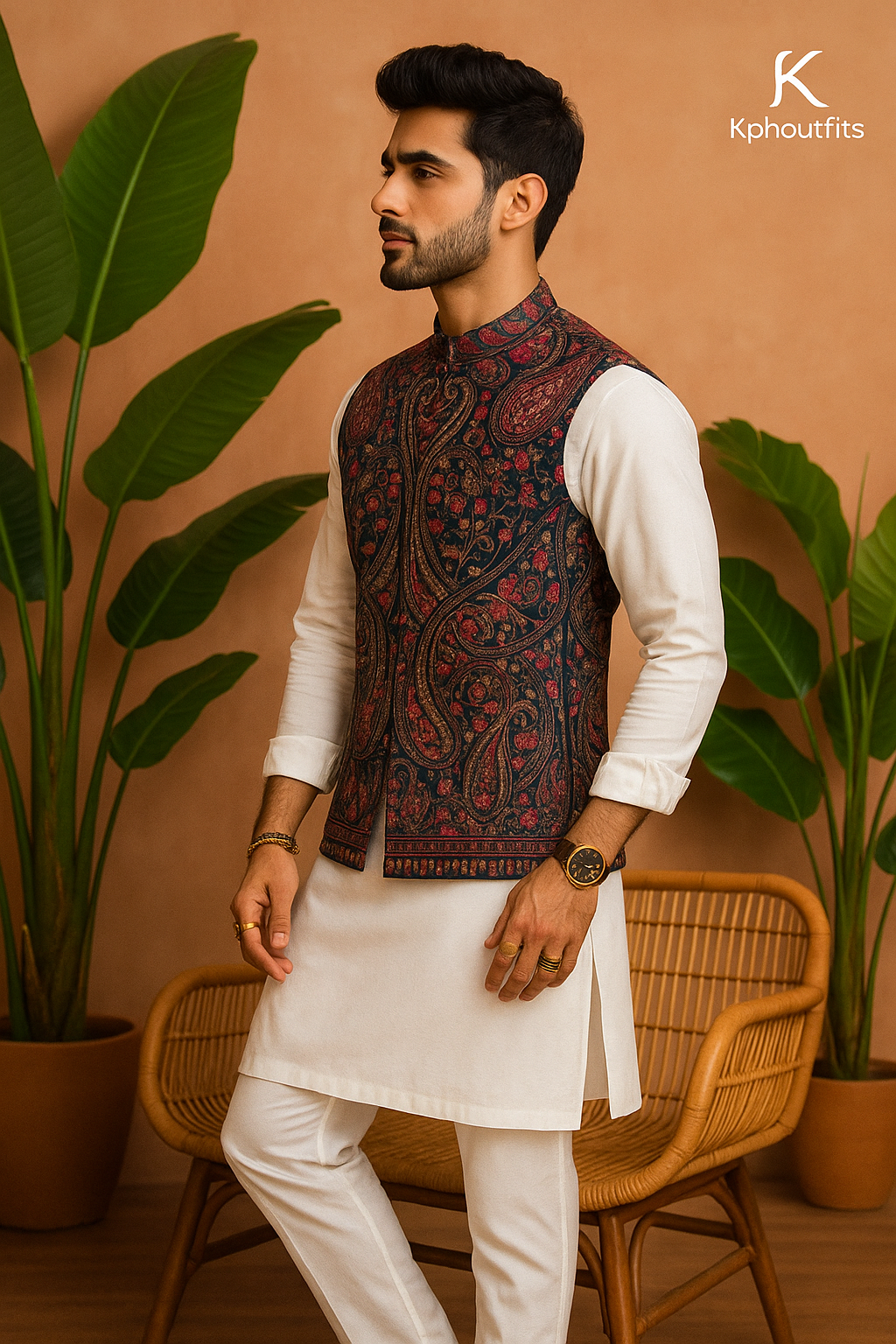 Men's Exclusive Kalamkari Embroidered Nehru Jacket in Navy Blue – Premium Georgette Fabric – KPH Outfits