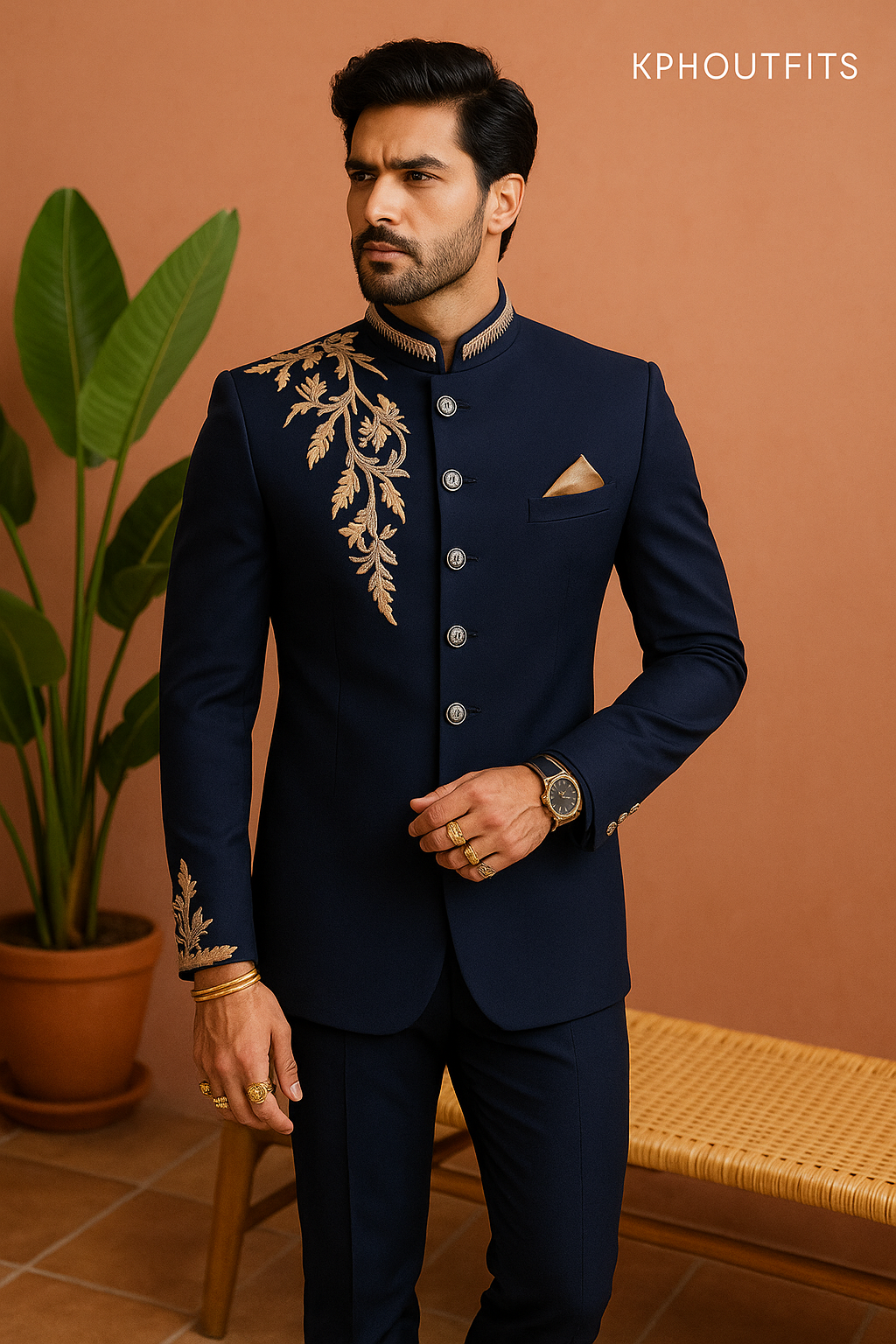 Men's Navy Blue Handcrafted Zardozi Work Style Jodhpuri Set – Elegant Wedding Wear by KPH Outfits