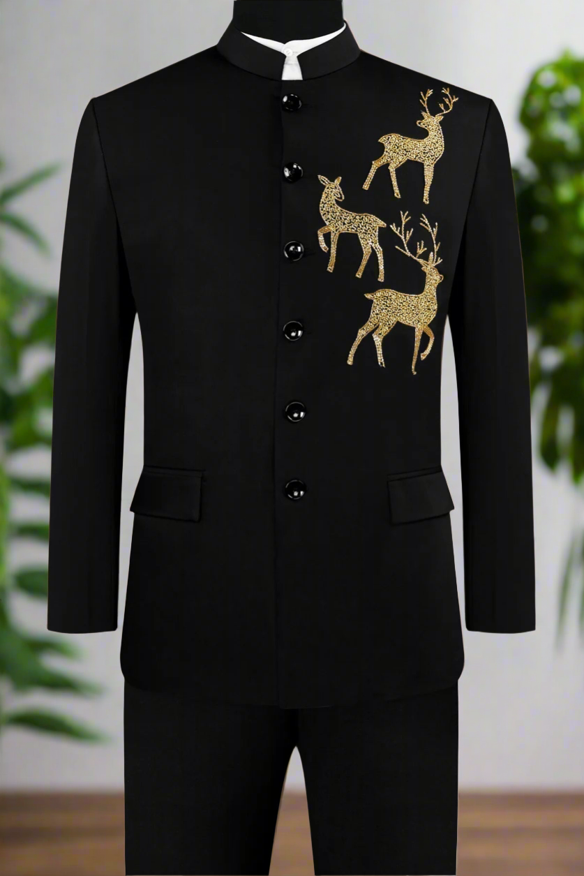 Close-up of Golden Embroidery on Black Bandhgala Suit for Men