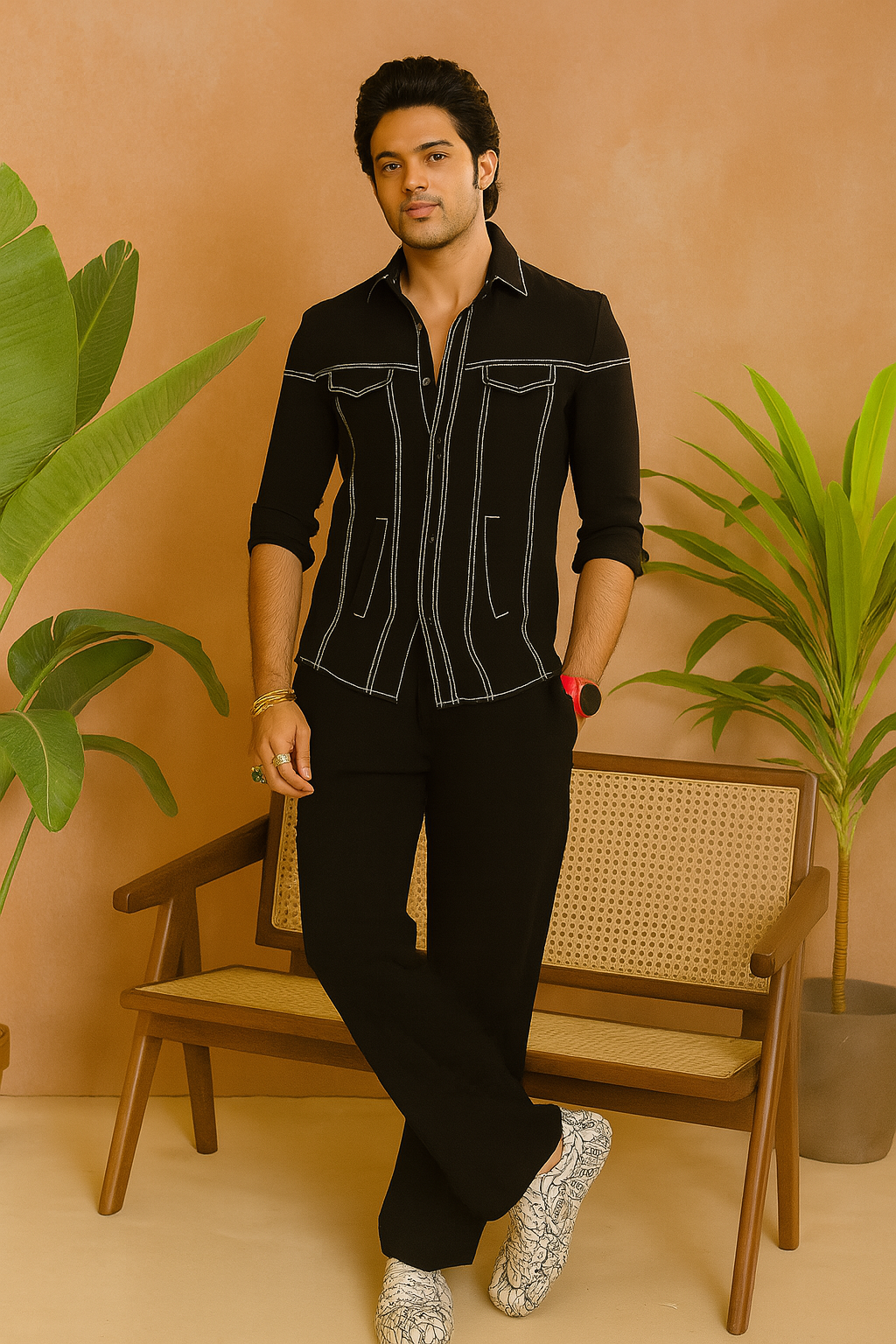 A photograph of a man in a stylish indo-western set, highlighting the quality of the fabric and the unique design.

