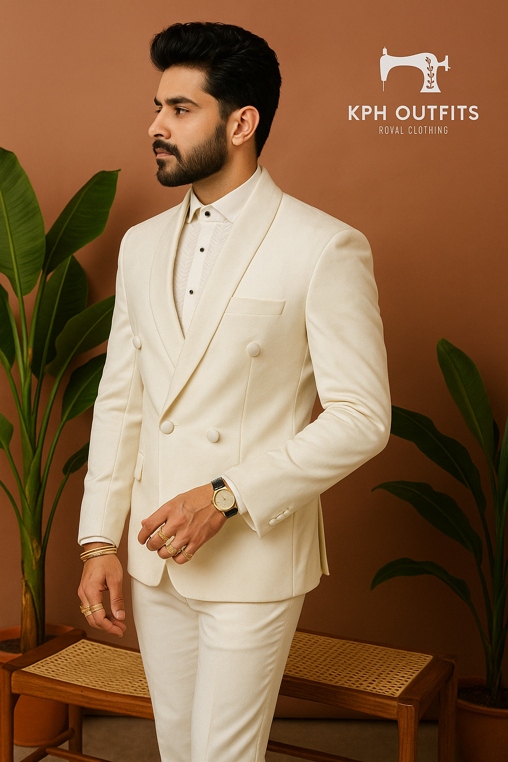 Men's Exclusive Ivory Velvet Double-Breasted Tuxedo Suit – Premium Formal Wear by KPH Outfits
