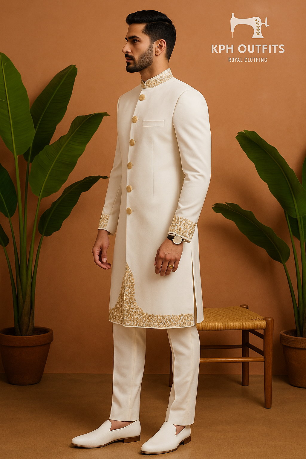 Men's Ivory Handcrafted Zardozi Work Groom Sherwani Set – 3-Piece Designer Outfit – KPH Outfits