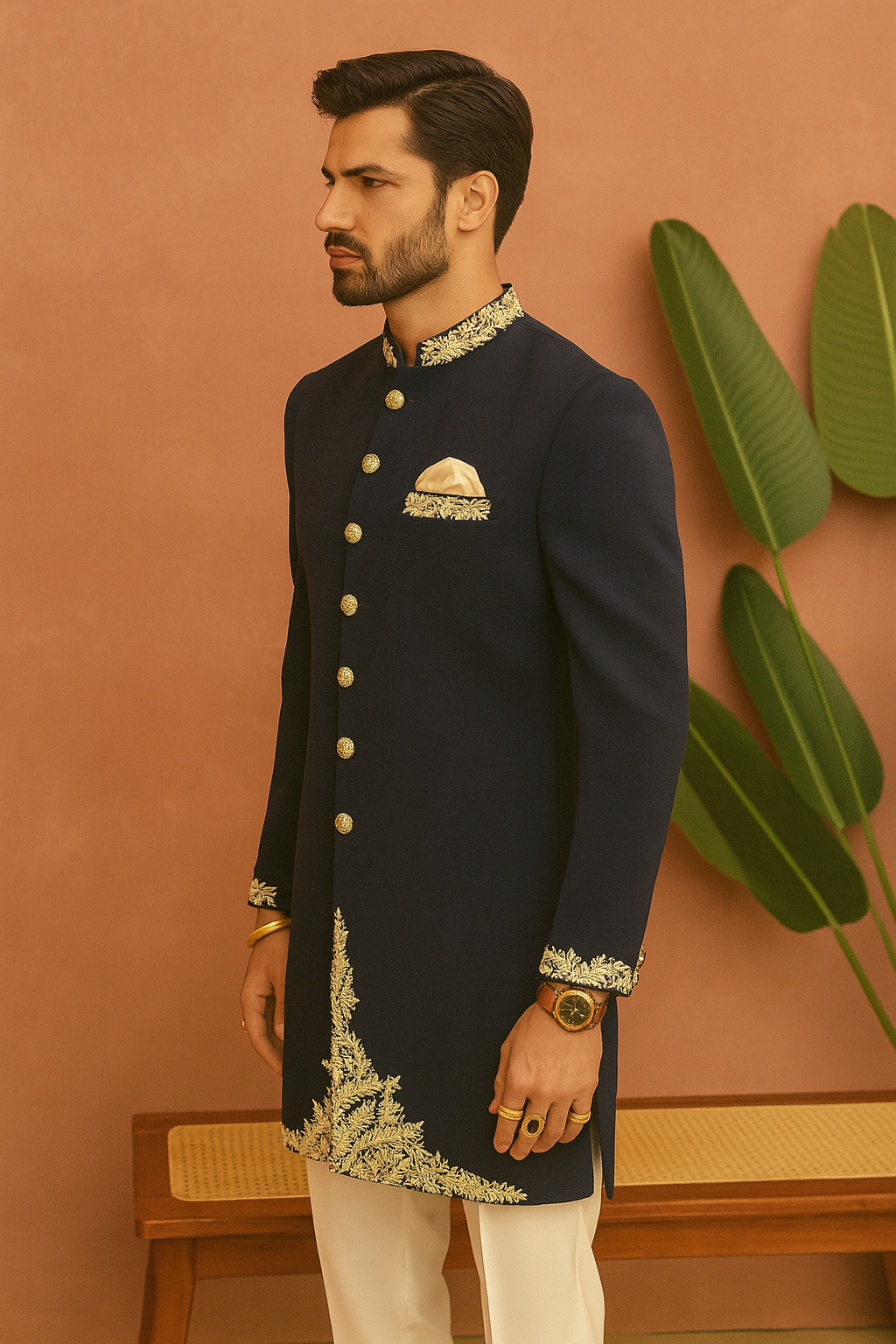 A photograph of a man in a stylish bundi set, highlighting the quality of the fabric and the unique design.

