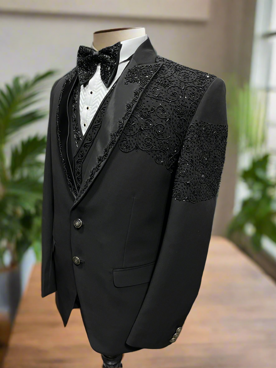 Men's Black Handcrafted Beads Work Tuxedo Suit – Premium Japanese Fabric & Custom Fit By KPH Outfits