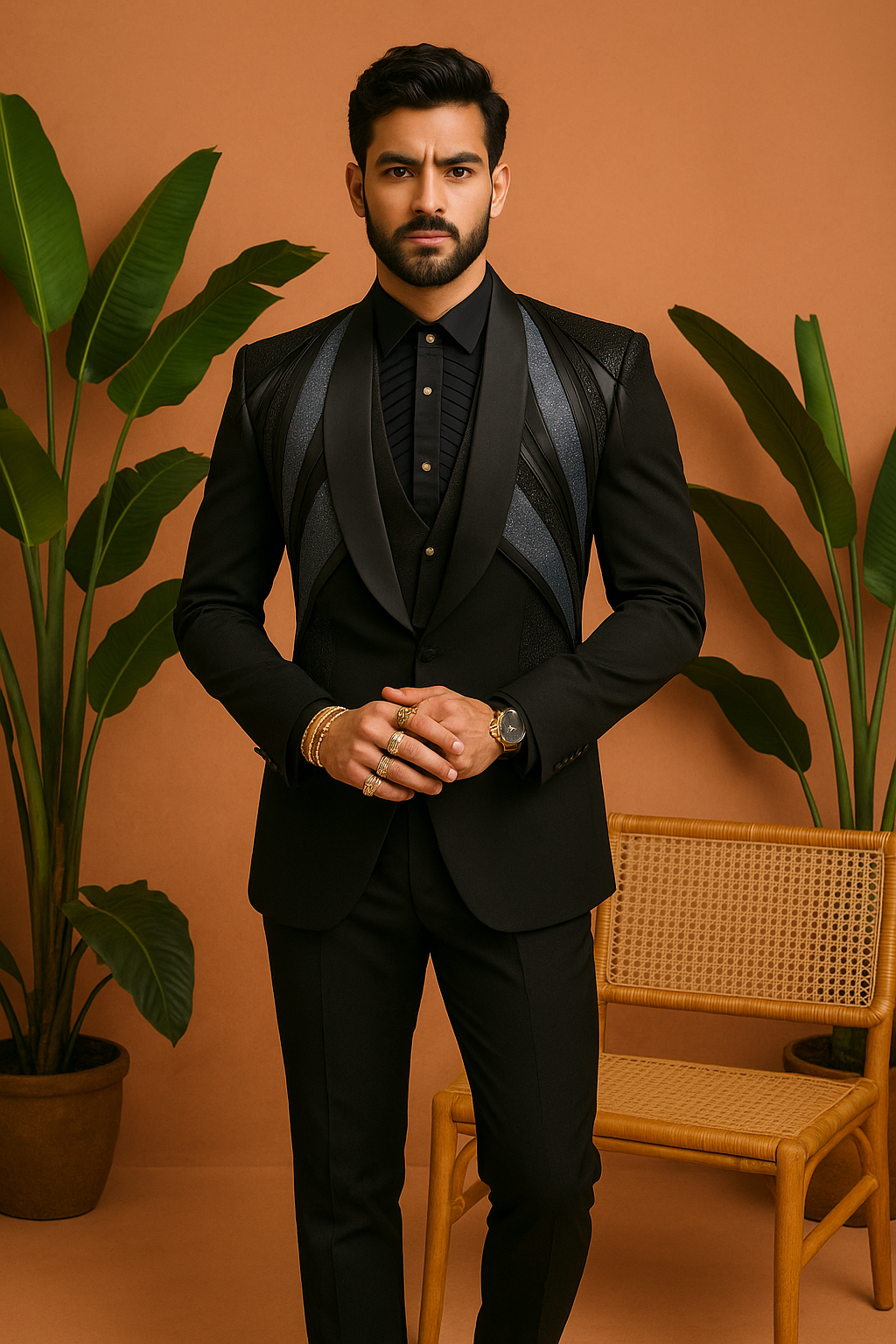 A front view of a man in a black tuxedo suit with a stylish embellished V-neck shirt, posing confidently.

