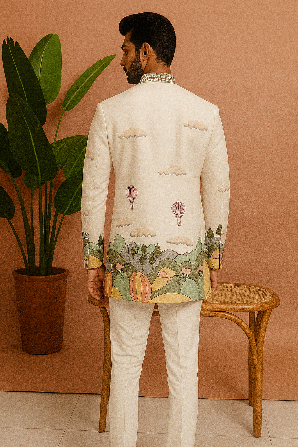 A man standing casually in an off-white Jodhpuri set with multi-color thread embroidery on the left side, with a plant in a pot visible behind him.