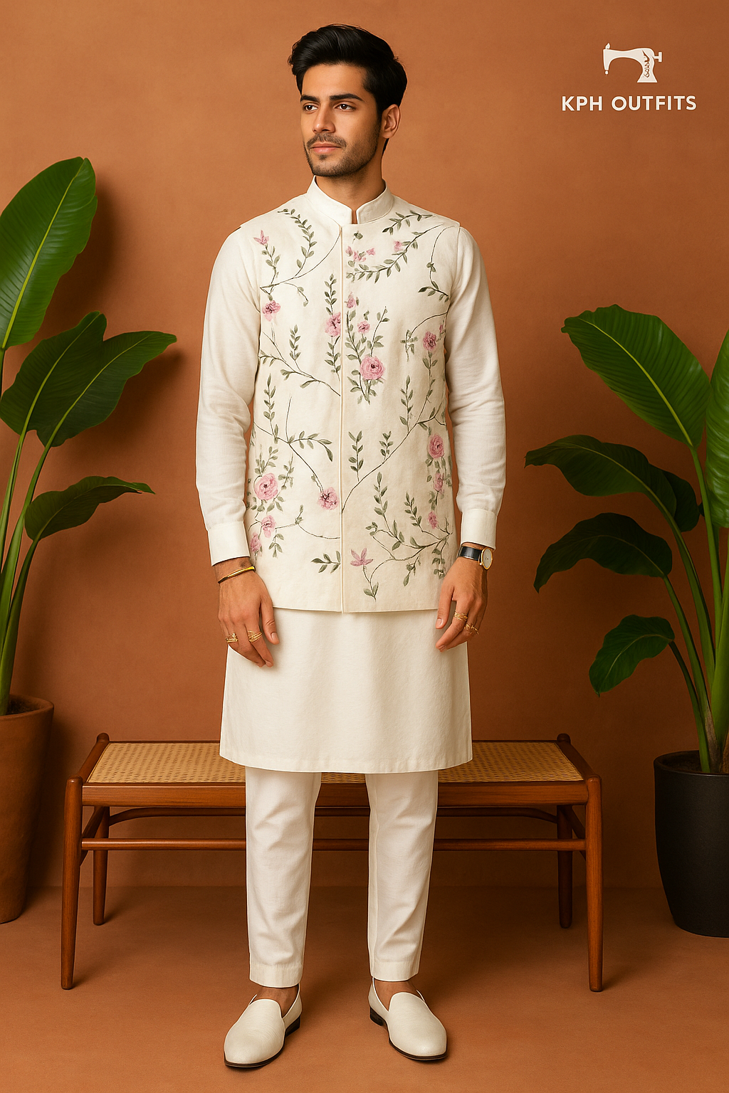 Men's Exclusive Ivory Multi-Colour Embellished Long Jacket - KPH Outfits