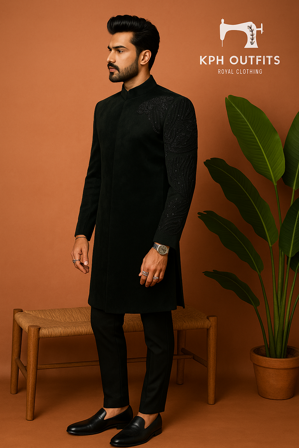 Exclusive Handcrafted Black Sherwani with Gold Embroidery – KPH Outfits
