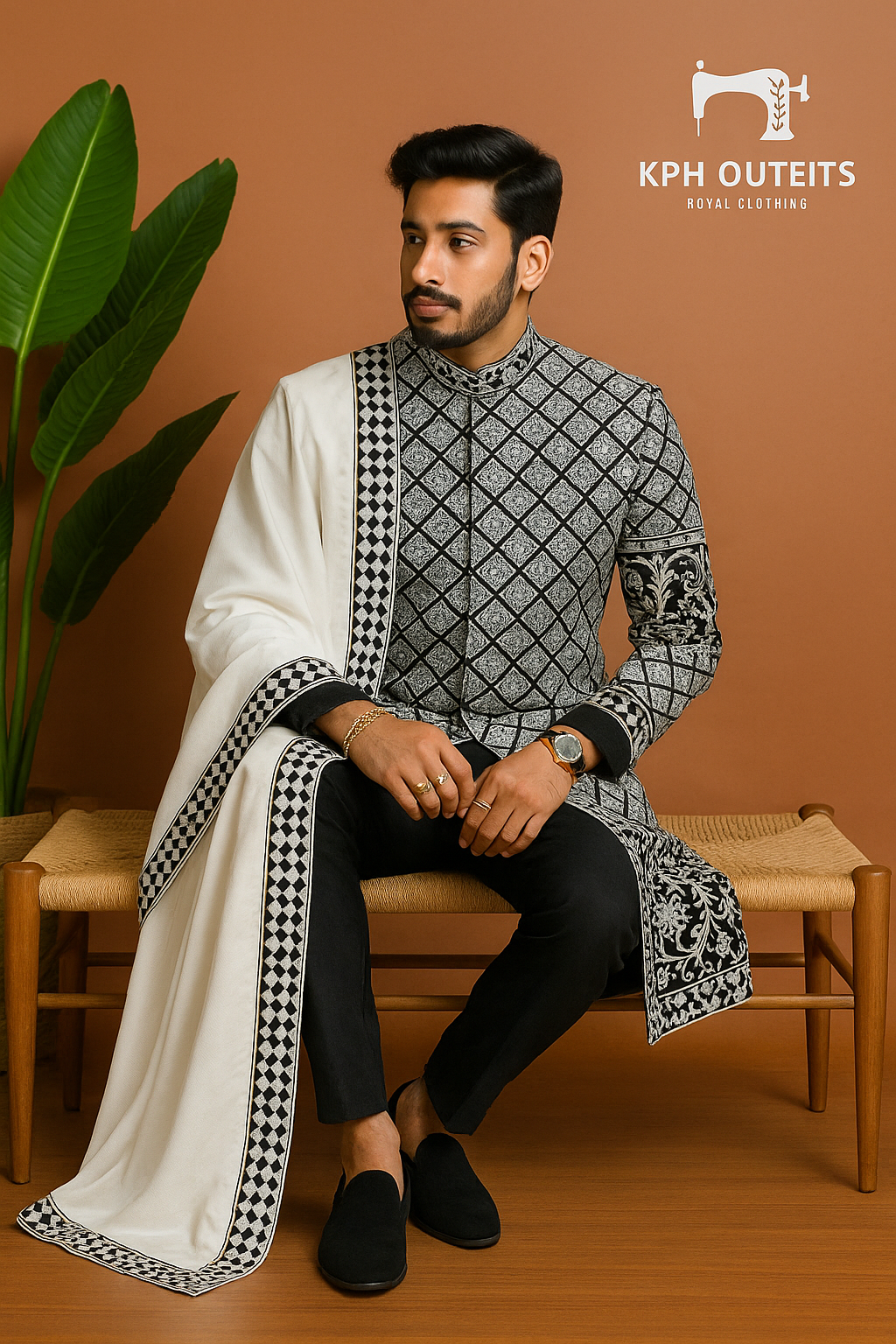 Men's Black SRK Style Velvet Sherwani with Shawl – 3-Piece Designer Outfit – KPH Outfits