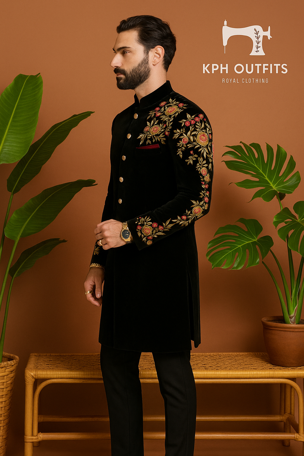 Men's Black Machine-Crafted Embellished Sherwani Set – Elegance Redefined by KPH Outfits