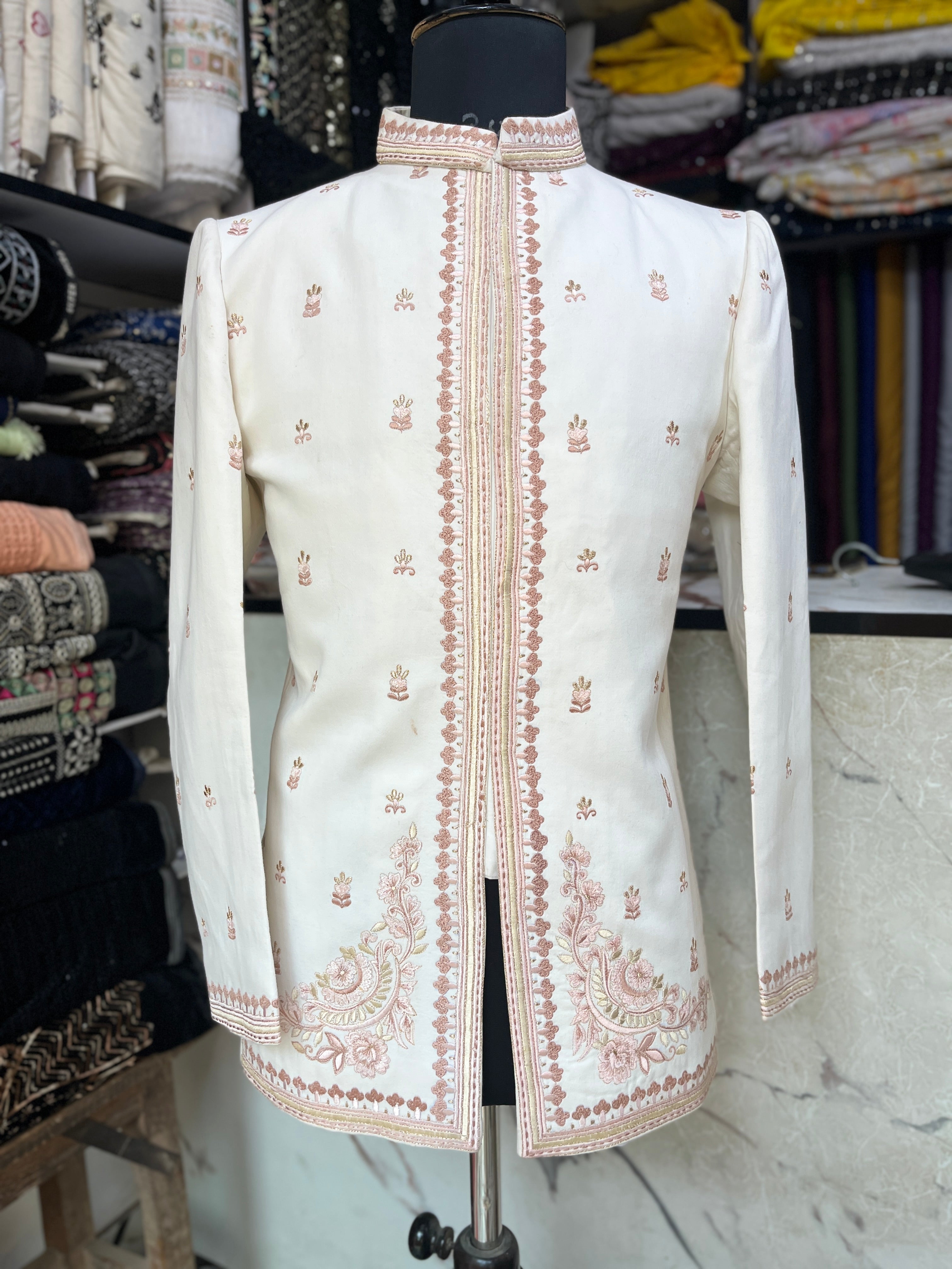 Men's Ivory Thread Embroidery Groom Bandhgala Suit