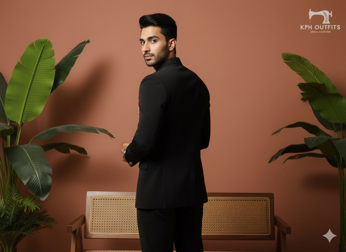 Back side of Black Jodhpuri Set - Kphoutfits