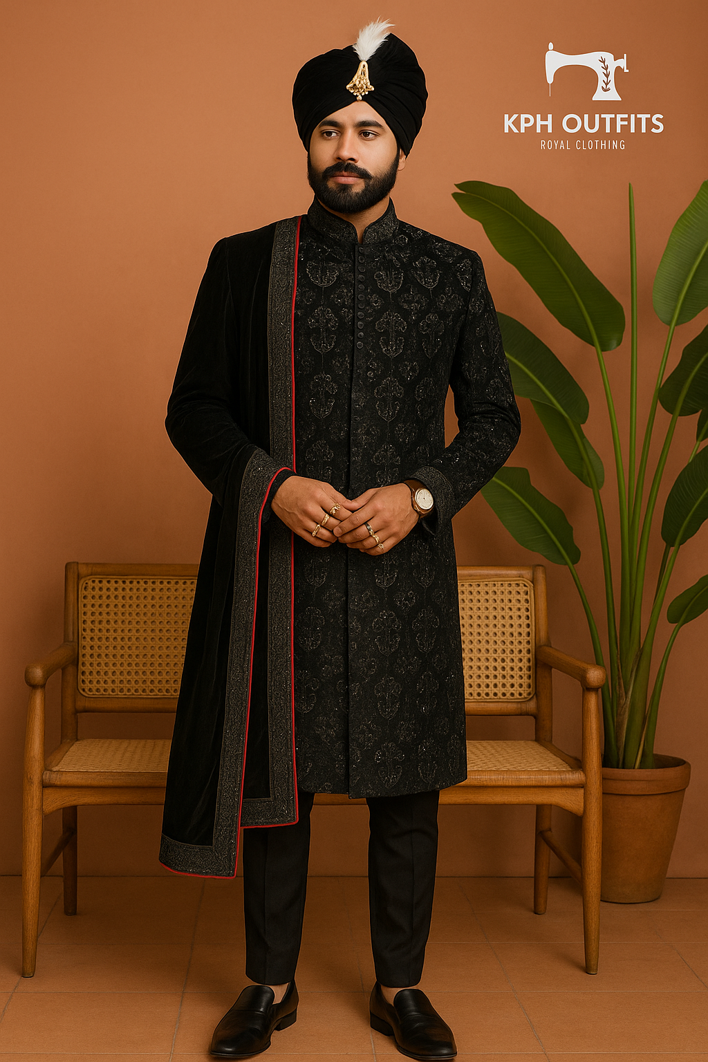 Men's Black Velvet Handcrafted Sherwani Set – Premium Designer Outfit for Weddings – KPH Outfits