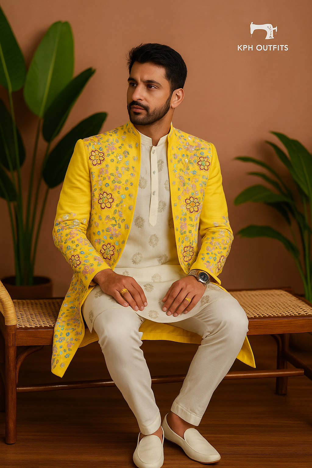 Mustard Silk Haldi Special Handcrafted Indo-Western Set for Men – Exclusive Wedding Wear by KPH Outfits